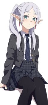 1girl black_jacket black_leggings commentary_request earrings elf frieren green_eyes highres jacket jewelry leggings long_hair looking_at_viewer na-suke necktie pleated_skirt pointy_ears school_uniform shirt sitting skirt sousou_no_frieren twintails white_hair white_shirt