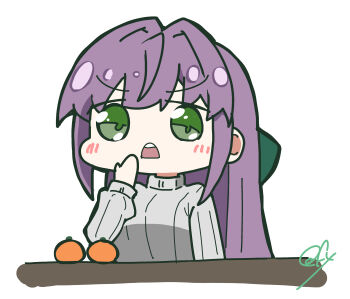 1girl absurdres chibi chibi_only commentary d: food fruit green_eyes grey_sweater hair_down hair_intakes highres link!_like!_love_live! long_hair love_live! mandarin_orange oofushi_ao open_mouth otomune_kozue purple_hair ribbed_sweater sidelocks signature solo sweater teeth turtleneck turtleneck_sweater upper_teeth_only v-shaped_eyebrows virtual_youtuber