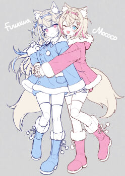 Rule 34 | 2girls, ;d, animal ear fluff, animal ears, blonde hair, blue boots, blue eyes, blue hair, blue hairband, blue jacket, boots, breasts, character name, closed mouth, commentary, dog ears, dog girl, dog tail, fake horns, fur-trimmed boots, fur-trimmed hood, fur-trimmed jacket, fur-trimmed sleeves, fur trim, fuwawa abyssgard, grey background, hairband, hand up, hololive, hololive english, hood, hood down, hooded jacket, horns, hug, hug from behind, interlocked fingers, jacket, long hair, mauve, medium breasts, mococo abyssgard, multiple girls, one eye closed, open mouth, pink boots, pink eyes, pink hair, pink hairband, pink jacket, siblings, simple background, sisters, sketch, sleeves past wrists, smile, standing, standing on one leg, tail, thighhighs, thighhighs under boots, twins, two side up, unfinished, very long hair, virtual youtuber, white thighhighs
