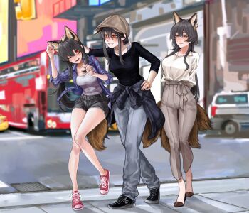 3girls absurdres animal_ear_fluff animal_ears arms_behind_back black_hair black_shirt black_shoes black_shorts blue_jacket blush bra_strap breasts bus car closed_mouth clothes_around_waist collared_shirt commentary english_commentary fox_ears fox_girl fox_tail grey_hair grey_hat grey_pants hand_on_another&#039;s_head hand_on_own_hip hat high-waist_pants high_heels highres jacket jacket_around_waist kitsune kyuubi large_breasts long_hair looking_at_another m4skedboi medium_breasts motor_vehicle multiple_girls multiple_tails newsboy_cap one_eye_closed pants red_eyes red_shoes scp-953 scp_foundation shirt shoes short_shorts shorts simple_background smile tail traffic white_shirt