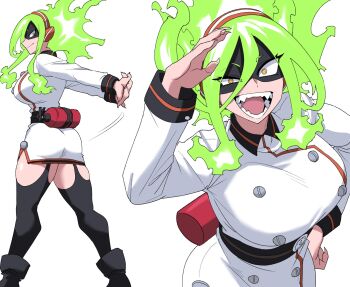 1girl arms_behind_back belt boku_no_hero_academia breasts burnin_(boku_no_hero_academia) buttons double-breasted dress fiery_hair fingernails fire_extinguisher green_hair hair_between_eyes hairband hand_on_own_hip highres interlocked_fingers large_breasts looking_at_viewer mask nasu_(ilo_a5) open_mouth own_hands_together salute sharp_fingernails short_dress thighhighs yellow_eyes