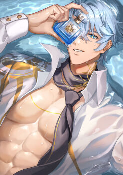 1boy abs absurdres antenna_hair black_necktie blue_eyes blue_hair bottle debbie_(debbielu9972) hair_between_eyes highres holding holding_bottle honkai:_star_rail honkai_(series) long_sleeves looking_at_viewer lying male_focus muscular muscular_male neck_tattoo necktie open_clothes open_shirt perfume_bottle phainon_(honkai:_star_rail) shirt short_hair smile solo tattoo teeth water wet white_hair white_shirt