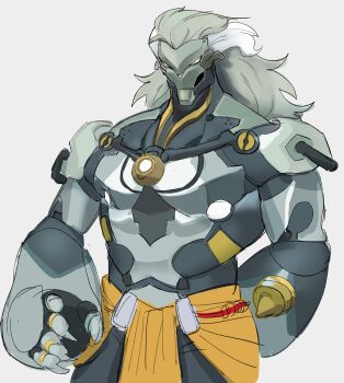 1boy arm_behind_back banyue_(zenless_zone_zero) claws commentary english_commentary facing_viewer grey_hair highres humanoid_robot male_focus pancakesballz robot solo topless_male white_background zenless_zone_zero