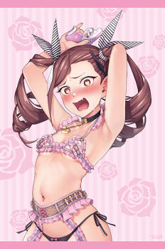 Rule 34 | 1girl, arched back, armpits, arms up, artist name, asymmetrical bangs, belt collar, bikini, blush, breasts, brown hair, bullet, collar, copyright name, drill hair, emily ashley, fang, floral background, frilled bikini, frills, gun, hair ribbon, handgun, heart, heart-shaped pupils, holding, holding gun, holding weapon, honey trap shared house, image sample, kouzuki kouichi, micro bikini, navel, nose blush, official art, open mouth, orange eyes, raised inner eyebrows, ribbon, rose background, side-tie bikini bottom, small breasts, solo, string bikini, striped background, surprised, sweat, swimsuit, symbol-shaped pupils, third-party source, twin drills, variant set, waistband, wavy mouth, weapon