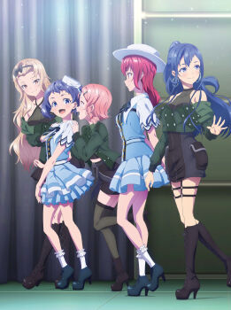 Rule 34 | 5girls, absurdres, anime coloring, black boots, black hairband, black skirt, black thighhighs, blue dress, blue shoes, boots, bow hairband, braid, brown eyes, brown hair, closed mouth, dress, gionji yukine, green jacket, hair ornament, hairband, hairclip, hat, high heel boots, high heels, high ponytail, highres, idol clothes, itou momiji, jacket, karabayashi aoba, karabayashi itoha, kneehighs, kurogane ren, long hair, mole, mole under eye, multiple girls, nagata yoshihiro, navel, official art, open mouth, pink hair, ponytail, profile, purple eyes, purple hair, red hair, see-through cleavage, see-through clothes, shine post, shoes, short hair, skirt, socks, thighhighs, twintails, white hat, white socks