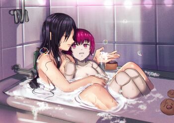 2girls absurdres android bath bathing bathroom bathtub betty_(va-11_hall-a) black_hair breasts colored_skin commentary commission completely_nude convenient_censoring dorothy_haze gotuya hair_down highres hug hug_from_behind long_hair medium_breasts multiple_girls nude purple_eyes purple_hair rubber_duck same-sex_bathing shared_bathing short_hair sitting sitting_on_lap sitting_on_person small_breasts soap_bubbles soap_censor thai_commentary tile_wall tiles va-11_hall-a wet wet_hair white_skin yuri