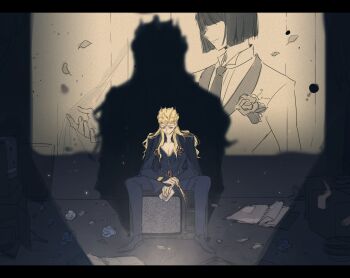 2boys black_hair black_necktie blonde_hair blue_flower blue_rose bob_cut box brooch bruno_bucciarati bug dark_room flower formal_clothes giorno_giovanna green_eyes highres insect jewelry jojo_no_kimyou_na_bouken keyhole_top ladybug long_hair looking_down luminous_slime messy_room monochrome multiple_boys necktie no_eyes notebook projector rose scissors shadow sitting static suit television vento_aureo white_flower white_rose