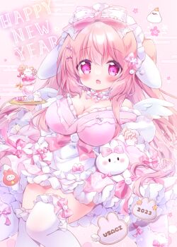 1girl 2023 animal_ears apron bow breasts chiika_(cure_cherish) chinese_zodiac cleavage commentary_request dress english_text fake_animal_ears food frilled_apron frilled_dress frilled_thighhighs frills hair_ribbon happy_new_year large_breasts long_hair new_year open_mouth original parfait pink_bow pink_dress pink_eyes pink_hair pink_ribbon rabbit_ears ribbon romaji_text smile solo thighhighs two_side_up white_apron white_thighhighs year_of_the_rabbit yume_kawaii