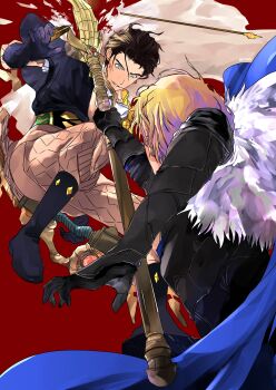 0724zuki 2boys absurdres areadbhar_(fire_emblem) arm_up armor battle black_armor black_boots black_gloves blonde_hair blue_cape boots bow_(weapon) breastplate brown_hair brown_pants cape claude_von_riegan claude_von_riegan_(timeskip) commentary commentary_request dimitri_alexandre_blaiddyd dimitri_alexandre_blaiddyd_(timeskip) failnaught_(fate) fire_emblem fire_emblem:_three_houses gauntlets gloves green_eyes hair_slicked_back highres holding holding_weapon looking_at_another male_focus multiple_boys nintendo pants parted_lips polearm red_background weapon white_cape white_fur