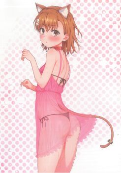 Rule 34 | 1girl, animal collar, animal ear fluff, animal ear hairband, animal ears, ass, babydoll, bikini, bikini under clothes, black bikini, blush, breasts, brown eyes, brown hair, cat day, cat ears, cat tail, collar, cropped legs, fake animal ears, fake tail, from side, hair ornament, hairband, hairpin, highres, isshi pyuma, looking at viewer, medium hair, micro bikini, misaka mikoto, paw pose, pink babydoll, scan, see-through babydoll, see-through clothes, side-tie bikini bottom, small breasts, solo, spaghetti strap, standing, string bikini, swimsuit, tail, toaru kagaku no railgun, toaru majutsu no index, underwear, variant set, white background