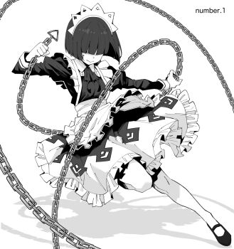 1girl apron black_shoes chain commentary_request commission full_body hair_over_eyes henyaan_(oreizm) highres holding holding_chain maid maid_apron maid_headdress original shoes short_hair simple_background skeb_commission solo standing white_background