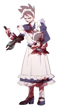 1boy alternate_costume animification apron black_dress black_shoes blood blood_on_clothes brown_hair commentary_request crossdressing crossdressing_(mtf) dress eddsworld enmaided highres holding holding_knife holding_stuffed_toy hollow_eyes juliet_sleeves knife long_sleeves maid maid_headdress male_focus male_maid mjsc_10 puffy_sleeves shoes short_hair shovel smile socks solo spiked_hair stuffed_animal stuffed_toy teddy_bear tom_(eddsworld) white_apron white_socks zombie