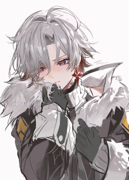 0jae 1boy absurdres black_gloves blue_eyes blush commentary earrings fur_trim genshin_impact gloves highres illuga_(genshin_impact) jacket jewelry long_sleeves looking_to_the_side male_focus solo solo_focus symbol-only_commentary white_background white_hair