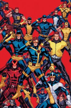 Rule 34 | 1boy, adjusting eyewear, black bodysuit, black jacket, blue bodysuit, bodysuit, boots, brown hair, comic cover, commentary, covered abs, cyclops (x-men), facial hair, full body, gloves, green pants, hand on eyewear, hat, highres, jacket, long hair, marvel, mask, multicolored bodysuit, multicolored jacket, multiple persona, muscular, muscular male, official alternate costume, official art, pants, red background, red bodysuit, russell dauterman, scott summers, short hair, stubble, symbol-only commentary, white bodysuit, x-men, x-uniform, yellow bodysuit, yellow boots, yellow gloves, yellow jacket