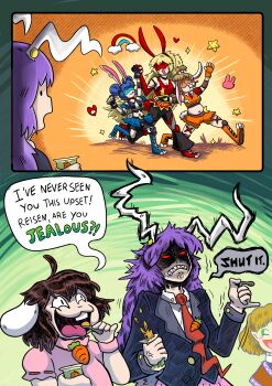 6+girls absurdres animal_ears blazer blonde_hair blue_dress brown_hair brown_shirt can canned_food carrot carrot_necklace character_name cheering commentary crescent crescent_pin dango double_bun dress earclip eating english_commentary finger_gun floppy_ears food green_eyes hair_bun highres inaba_tewi jacket jealous jewelry junko_(touhou) long_hair mizuhashi_parsee moon_print multiple_girls necklace necktie orange_shirt panchamon pink_dress pink_skirt plump pointy_ears purple_hair rabbit rabbit_ears rabbit_girl rabbit_tail red_eyes red_necktie reisen_udongein_inaba ribbon-trimmed_dress ribbon_trim ringo_(touhou) sash seiran_(touhou) shirt short_hair single_wing skirt smug spoon star_(symbol) star_print tail touhou touhou_lostword wagashi western_comics_(style) white_sash wings wrestling_outfit