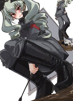 1girl 1other absurdres anchovy_(girls_und_panzer) anzio_military_uniform belt black_belt black_footwear black_necktie black_ribbon black_shirt blush boots cellphone commentary_request dress_shirt drill_hair girls_und_panzer green_hair grey_jacket grey_pants hair_ribbon highres holding holding_phone holding_riding_crop isofude jacket knee_boots long_hair long_sleeves looking_at_viewer military military_uniform mud necktie open_mouth pants partial_commentary phone red_eyes ribbon riding_crop sam_browne_belt shirt smartphone smile squatting standing sweatdrop textless_version twin_drills twintails walking wing_collar