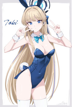Rule 34 | 1girl, animal ears, blonde hair, blue archive, blue bow, blue bowtie, blue hairband, blue halo, blue leotard, blue streaks, bow, bowtie, braid, breasts, cleavage, collar color, commentary request, covered navel, detached collar, double v, earpiece, fake animal ears, fake tail, hairband, half up braid, halo, highleg, highleg leotard, highres, leotard, long hair, looking at viewer, medium breasts, playboy bunny, rabbit ears, rabbit tail, solo, strapless, strapless leotard, tail, thighhighs, toki (blue archive), toki (bunny) (blue archive), v, white background, white thighhighs, white wrist cuffs, wrist cuffs