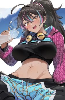 1girl abs absurdres ahoge black_hair blue_sky blue_streaks blush bottle breasts breath clothing_cutout commentary dark-skinned_female dark_skin earrings english_commentary exercising goggles hair_between_eyes hawe_king highres holding holding_bottle indie_virtual_youtuber jacket jewelry large_breasts long_hair looking_at_viewer multicolored_hair navel neon_harper neon_harper_(1st_costume) open_mouth pink_sleeves pink_streaks ponytail resting simple_background sitting sky smile solo stomach stomach_cutout streaked_hair sweat toned toned_female virtual_youtuber water_bottle workout_clothes yellow_eyes