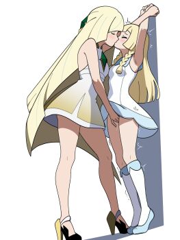 2girls ^^^ absurdres against_wall age_difference arms_up blonde_hair blush boots braid breasts closed_eyes commentary diamond_(shape) dress english_commentary fingering gem green_gem hair_ornament high_heels highres incest kiss knee_boots lillie_(pokemon) long_hair lusamine_(pokemon) mother_and_daughter multiple_girls nintendo nipehi pokemon pokemon_sm pussy_juice restrained short_dress simple_background sleeveless sleeveless_dress small_breasts standing sundress thighs twin_braids very_long_hair white_background white_boots white_dress yuri