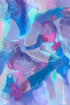 Rule 34 | 1=2, 1girl, athletic leotard, ballet slippers, black hair, bow, cameltoe, choker, colored inner hair, commentary, english commentary, expressionless, flat chest, glasses, gloves, groin, highres, jacket, leotard, lips, looking at viewer, mixed-language commentary, multicolored hair, multiple views, open clothes, open jacket, original, pantyhose, pink hair, round eyewear, short hair, stirrup legwear, toeless legwear, white pantyhose