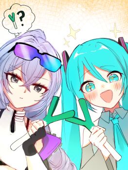 +_+ 2girls aqua_eyes aqua_hair aqua_necktie breasts celery commentary_request crop_top fingerless_gloves food gloves grey_eyes grey_hair grey_shirt hatsune_miku highres holding holding_food holding_vegetable honkai:_star_rail honkai_(series) kei_asuka07 long_hair looking_at_viewer multiple_girls necktie shirt silver_wolf_(honkai:_star_rail) silver_wolf_(lv.999)_(honkai:_star_rail) simple_background small_breasts speech_bubble thought_bubble twintails vegetable very_long_hair vocaloid
