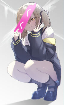 1girl azusawa_kohane black_jacket black_skirt commentary full_body highres jacket kokonotsu_9 one_eye_covered project_sekai school_uniform short_twintails skirt squatting symbol-only_commentary twintails v