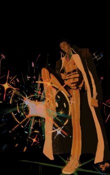 1boy absurdres alternate_costume black_background black_hair buttons buzz_cut coat coat_on_shoulders collared_coat collared_shirt colorful dark-skinned_male dark_skin devil_fruit_power double-breasted epaulettes facial_hair formal_clothes full_body glasses green_shirt hands_in_pockets highres invisible_floor kizaru_(one_piece) leg_up long_sleeves male_focus mature_male necktie nike_(company) one_piece orange-tinted_eyewear pants photokinesis red_necktie shirt shoe_soles shoes short_hair sideburns simple_background slmea smile sneakers solo sparkle standing standing_on_one_leg striped_clothes striped_pants striped_suit suit sunglasses tinted_eyewear vertical-striped_clothes vertical-striped_pants vertical-striped_suit very_short_hair yellow_suit