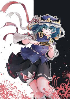 1girl absurdres black_background black_skirt blue_hat blue_vest blush bow buttons commentary_request epaulettes feet_out_of_frame flower frilled_hat frills green_eyes green_hair hair_between_eyes hat highres holding kazamichisha long_sleeves looking_at_viewer medium_hair open_mouth red_bow ribbon-trimmed_skirt ribbon-trimmed_vest ribbon_trim rod_of_remorse shiki_eiki shirt skirt sleeve_bow socks solo spider_lily touhou two-tone_background v-shaped_eyebrows vest white_background white_shirt white_socks
