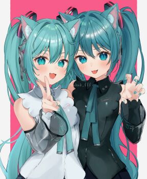 2girls animal_ear_fluff animal_ears aqua_eyes aqua_hair aqua_nails aqua_ribbon black_shirt black_skirt black_sleeves blush breasts cat_ears cat_girl collared_shirt commentary_request detached_sleeves hair_between_eyes hair_ornament hatsune_miku hatsune_miku_(nt) headphones highres long_hair long_sleeves medium_breasts multiple_girls open_mouth paw_pose piapro_studio pink_background ribbon see-through_clothes shirt simple_background skirt sleeveless sleeveless_shirt tananuki tongue tongue_out twintails upper_body v very_long_hair vocaloid white_shirt white_sleeves