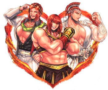 abs absurdres biceps black_sports_bra breasts chain chain_necklace dress eyewear_on_head flexing formal_clothes gold_chain hand_wraps heart highres huge_breasts jewelry marisa_(street_fighter) mohawk multiple_persona muscular muscular_female necklace no_bra official_alternate_costume official_alternate_hairstyle partially_unbuttoned red_hair scarf short_hair sports_bra street_fighter street_fighter_6 suit sunglasses wedding_dress zuman_(zmnjo1440)