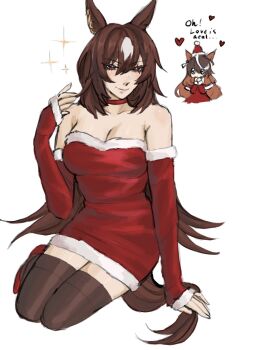 Rule 34 | 2girls, animal ears, bare shoulders, black thighhighs, blush, breasts, brown hair, capelet, choker, christmas, cleavage, closed mouth, collarbone, commentary, detached sleeves, dress, ear ornament, english commentary, fur-trimmed capelet, fur-trimmed dress, fur-trimmed headwear, fur trim, hair between eyes, hat, heart, highres, horse ears, horse girl, horse tail, large breasts, long hair, long sleeves, looking at viewer, multicolored hair, multiple girls, red capelet, red choker, red dress, red eyes, red sleeves, santa costume, santa dress, santa hat, simple background, sirius symboli (umamusume), smile, streaked hair, sunny pretzel, symboli rudolf (umamusume), tail, thighhighs, umamusume, very long hair, white hair
