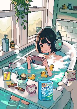 1girl analog_clock animal animal_ear_headphones animal_ears bathing bathtub black_hair brown_eyes candy cat cellphone clock commentary_request cup drinking_glass drinking_straw fake_animal_ears food headphones highres holding holding_phone ice_cream nanami_yuki_(yuki77mi) original partially_submerged phone pixel_art plant rubber_duck shampoo_bottle shelf smartphone smile solo spoon steam water window wrapped_candy