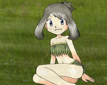 1girl absurdres amayzing2002 armpit_crease arms_at_sides ass barefoot bikini blue_eyes brown_hair collarbone eyelashes fangs feet flat_chest grass grass_skirt happy highres knees leaf_bikini legs legs_together looking_at_viewer may_(pokemon) medium_hair midriff navel neck nintendo no_bra no_panties official_alternate_costume outdoors pokemon pokemon_adventures revealing_clothes sidelocks smile stomach swept_bangs swimsuit thighs tomboy topknot upskirt