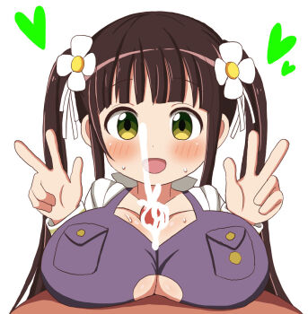 1boy 1girl bikini blush breast_pocket breasts brown_hair commentary_request double_w flower gochuumon_wa_usagi_desu_ka? green_eyes hair_flower hair_ornament heart hetero hiko_(pixiv52017316) huge_breasts long_hair looking_at_viewer op_chiya_(gochiusa) open_mouth paizuri paizuri_under_clothes penis pocket pov purple_bikini saliva smile solo_focus swimsuit twintails ujimatsu_chiya w white_background