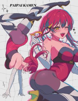 1girl ass bare_shoulders black_pantyhose breasts cleavage elbow_gloves eye_mask full_body gloves hands_up highres holding holding_mask hololive houshou_marine how_about_paipai_mask?_(houshou_marine) leotard long_hair mask multiple_views one_eye_closed pantyhose pixel_art red_hair red_leotard sparkle standing standing_on_one_leg strapless strapless_leotard twintails virtual_youtuber white_gloves yellow_eyes yumo_x_x