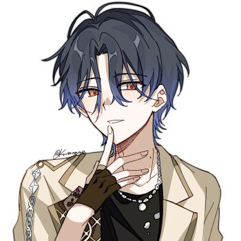 1boy blue_hair brown_gloves chain commentary ensemble_stars! fingerless_gloves fingernails gloves gradient_hair hand_up jewelry lapels looking_at_viewer male_focus mingxi mole mole_on_neck multicolored_hair necklace notched_lapels orange_eyes short_hair simple_background solo tsuzura_chitose twitter_username upper_body white_background