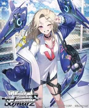 1girl amano_misaki black_choker black_skirt blonde_hair blue_jacket blue_sky blush breasts choker cloud commentary_request earrings ein_(nikke) fence goddess_of_victory:_nikke grin hair_ornament hairclip jacket jewelry long_hair long_sleeves looking_at_viewer necktie necktie_in_pocket o-ring o-ring_choker official_art one_eye_closed open_clothes open_jacket open_mouth paperclip pink_nails red_necktie rooftop shirt skirt sky small_breasts smile solo teeth weiss_schwarz white_shirt wireless_earphones