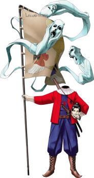 1boy absurdres banner battle_standard beads black_hair demon_(megami_tensei) ghost headless highres holding holding_detached_head japanese_clothes kazuma_kaneko official_art open_mouth portuguese_text prayer_beads scan shin_megami_tensei shin_megami_tensei_nine smile standing sword third-party_source tokisada_(megami_tensei) transparent_background war_banner weapon yellow_eyes