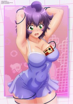 1girl ahoge arms_behind_head arms_up between_breasts blush bound bound_arms breasts bubble cleavage collarbone controller dress embarrassed famicom_controller game_controller green_eyes grid grid_background kirby kirby's_adventure kirby_(series) large_breasts looking_down nintendo open_mouth original purple_dress purple_hair short_hair sleeveless sleeveless_dress standing white_background yukino_akaihi yukino_memories zel-sama
