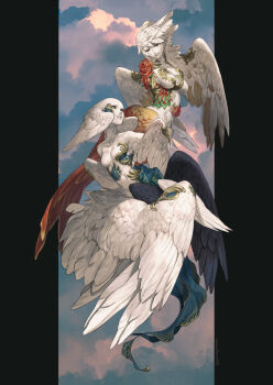 Rule 34 | 2girls, absurdres, amputee, angel, angel wings, armless amputee, bald, bald female, breasts, colored skin, feather hair, feathered wings, flying, harpy, head wings, highres, jewelry, large breasts, medium breasts, monster girl, mullmull02, multiple girls, multiple wings, navel, no arms, no legs, original, parted lips, pillarboxed, signature, smile, white skin, white wings, wings