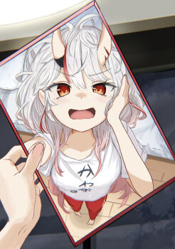 Rule 34 | 1girl, absurdres, barefoot, collarbone, commentary request, female pov, full body, hair between horns, highres, holding, hololive, horn ornament, horns, keppii, long hair, messy hair, multicolored hair, nakiri ayame, nakiri ayame (cutie jersey), official alternate costume, oni, open mouth, pov, red eyes, red hair, reflection, shirt, skin-covered horns, virtual youtuber, white hair, white shirt