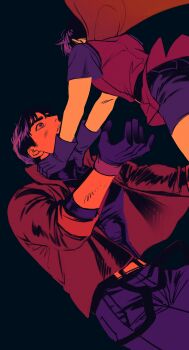 absurdres bat_signal batman_(series) batman_symbol black_bodysuit black_gloves black_hair blue_eyes bodysuit brown_jacket cape dc_comics dual_persona gloves grey_bodysuit highres jacket jason_todd male_focus multicolored_bodysuit multiple_boys muscular muscular_male mw_house open_clothes pants red_hood_(dc) red_hood_and_the_outlaws robin_(dc) short_hair superhero_costume taut_bodysuit two-tone_bodysuit yellow_cape