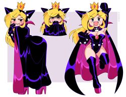 Rule 34 | &gt;:), 1girl, :&gt;, absurdres, animal ears, arm up, ass, blonde hair, blush, boots, bracelet, breasts, brooch, cape, chibi, cleavage, collared cape, elbow gloves, evil smile, fake animal ears, fang, gloves, highres, hood, hood up, jewelry, large breasts, leg up, leotard, light blush, long hair, mario (series), mario power tennis, mario tennis, naughty face, nico-neko, nintendo, no nose, pink cape, pink gemstone, platform footwear, platform heels, purple cape, purple footwear, purple gloves, purple hood, purple leotard, shaded face, skull brooch, sleeveless leotard, smile, solid oval eyes, spiked belt, spiked bracelet, spikes, standing, standing on one leg, thigh boots, two-sided cape, two-sided fabric, v-shaped eyebrows, warupeach