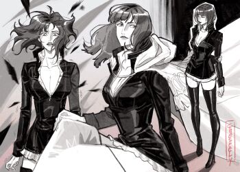 1girl blunt_bangs boots cheseely dress floating_hair full_body greyscale high_heel_boots high_heels highres leather_dress monochrome multiple_views nico_robin one_piece tears thigh_boots watermark