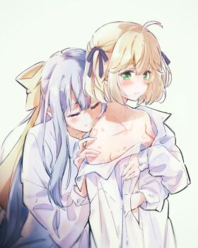 2girls ahoge anisphia_wynn_palettia bite_mark bite_mark_on_breast bite_mark_on_shoulder black_ribbon blonde_hair blue_background closed_eyes closed_mouth collared_shirt commentary euphyllia_magenta green_eyes grey_hair hair_ribbon hand_on_another&#039;s_shoulder hickey highres long_hair medium_hair multiple_girls off_shoulder qqwan120 ribbon shirt simple_background tensei_oujo_to_tensai_reijou_no_mahou_kakumei white_shirt yellow_ribbon yuri