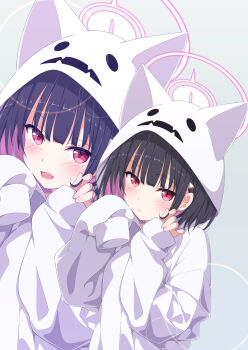 1girl absurdres animal_ears black_hair blue_archive closed_mouth colored_inner_hair commentary different_zoom_layer fang ghost_costume halo highres hood hood_up hoodie kame_(nokonoko10271) kazusa_(blue_archive) long_sleeves multicolored_hair open_mouth pink_eyes pink_hair pink_halo red_eyes short_hair skin_fang sleeves_past_fingers sleeves_past_wrists two-tone_hair white_hoodie zoom_layer