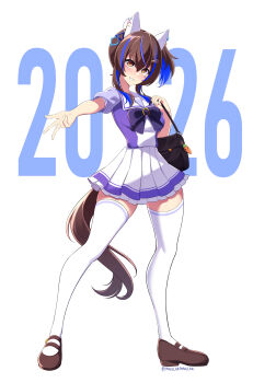 1girl 2026 absurdres animal_ears bag bag_charm blush bow bowtie brown_hair brown_shoes carrot carrot_charm charm_(object) commentary daitaku_helios_(umamusume) ear_covers english_commentary hair_ornament handbag highres horse_ears horse_girl horse_tail looking_at_viewer maullarmaullar multicolored_hair pleated_skirt purple_shirt school_uniform shirt shoes signature simple_background skirt smile streaked_hair tail thighhighs tracen_school_uniform umamusume white_thighhighs yellow_eyes zettai_ryouiki