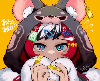 1girl absurdres animal_hood bear_hood black_hair blue_eyes covering_own_mouth hair_ornament hairpin hakos_baelz highres hololive hololive_english hood jkevin_art light_blush long_hair looking_at_viewer multicolored_hair multiple_hairpins red_hair solo virtual_youtuber white_hair yellow_background