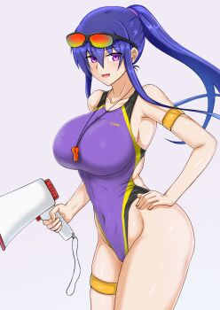 Rule 34 | 1girl, akiyama rinko, blue hair, breasts, competition swimsuit, covered navel, cowboy shot, curvy, eyewear on head, grey background, hand on own hip, highleg, highleg one-piece swimsuit, highres, large breasts, lifeguard, long hair, looking at viewer, megaphone, one-piece swimsuit, purple eyes, purple one-piece swimsuit, rekka (alo4610), shiny skin, sidelocks, simple background, solo, sports sunglasses, standing, sunglasses, swimsuit, taimanin (series), taimanin rpgx, taimanin yukikaze, whistle, whistle around neck