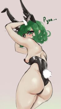 1girl animal_ears ass bare_shoulders black_gloves black_leotard blush breasts covered_mouth fake_animal_ears fake_tail feet_out_of_frame female_focus from_behind from_below from_side gloves gluteal_fold green_eyes green_hair grey_background hands_up highleg highleg_leotard leotard looking_at_viewer looking_back looking_down matching_hair/eyes medium_hair nipples one-punch_man petite rabbit_ears rabbit_pose rabbit_tail silver_queen_(silverqueen0) simple_background sketch small_breasts solo standing strapless strapless_leotard tail tatsumaki thong_leotard wavy_hair